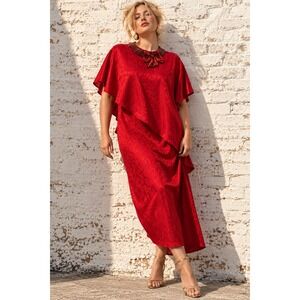 Vintage Alicia Red Acetate Leopard Jacquard Cape Dress Beaded Sequin Bow Size 20